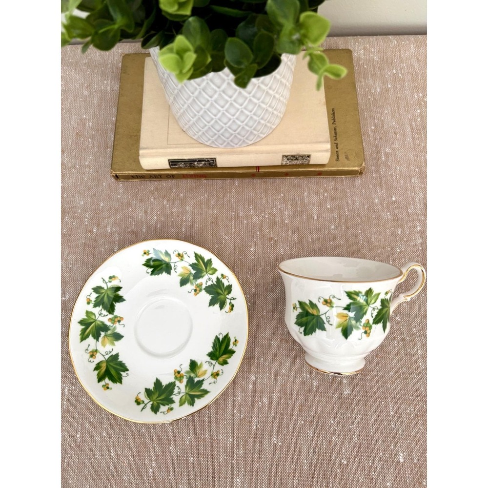 VTG English China Queen Anne Teacup & Saucer Cottagecore Green Ivy Tea Set